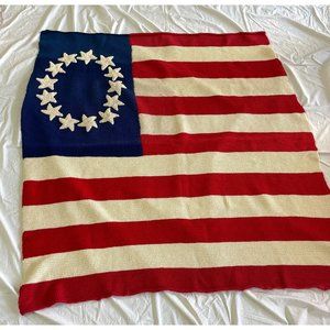 Handmade Knitted Blanket American Flag 13 Stars Red White Blue 60” X 60”